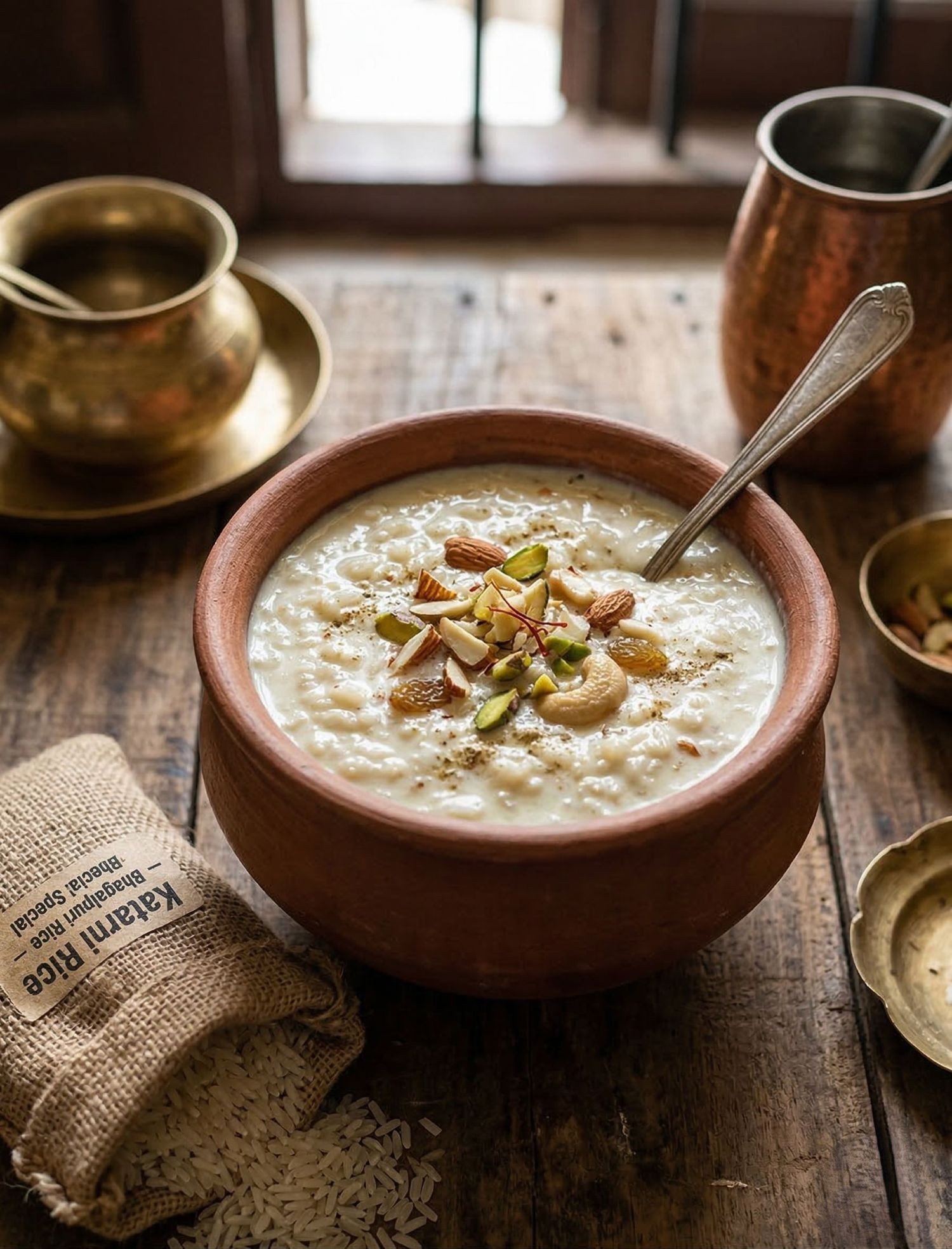 Katarni rice kheer in a clay bowl garnished with saffron and pistachios