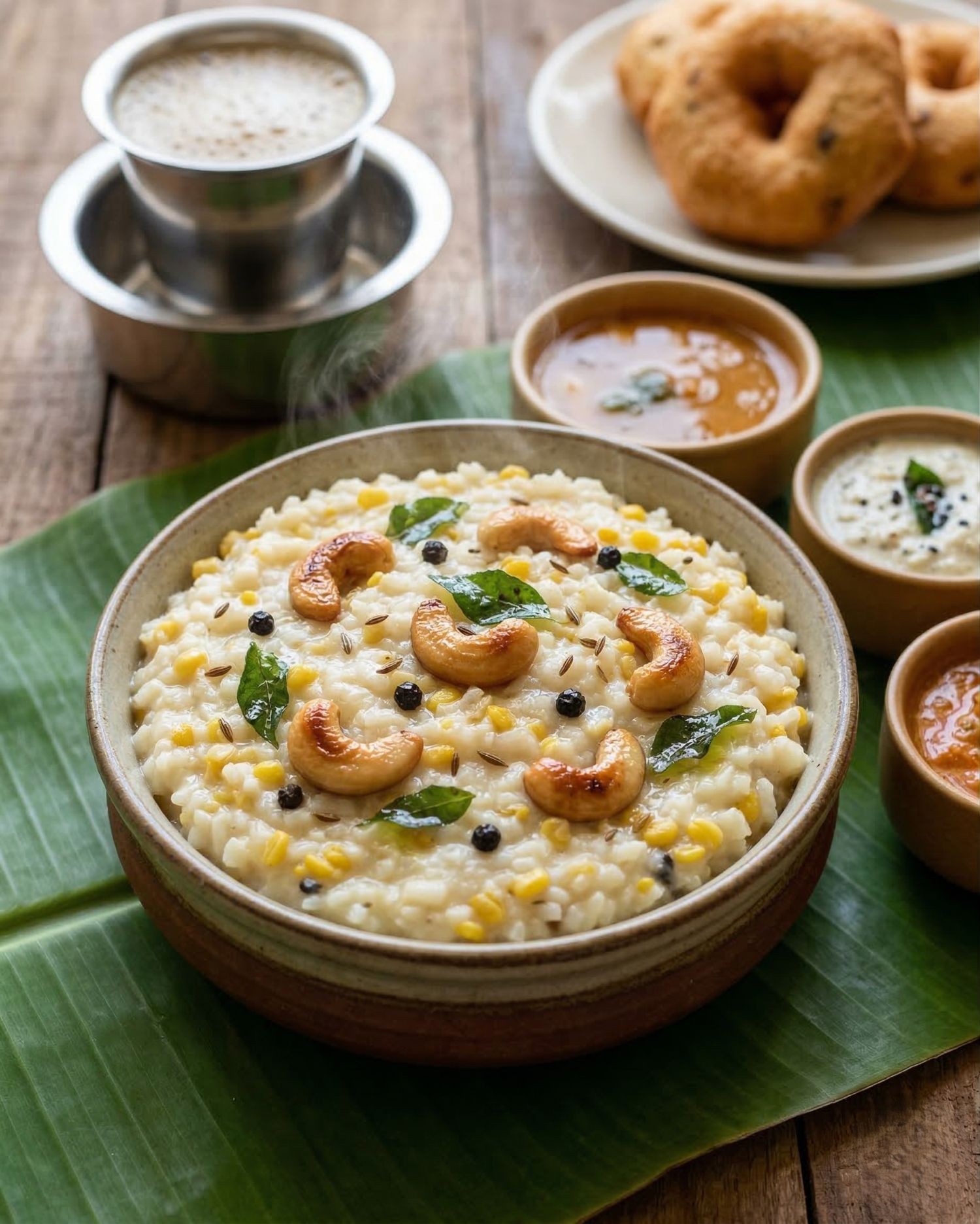 Katarni rice pongal in a terracotta bowl with cashews and curry leaves