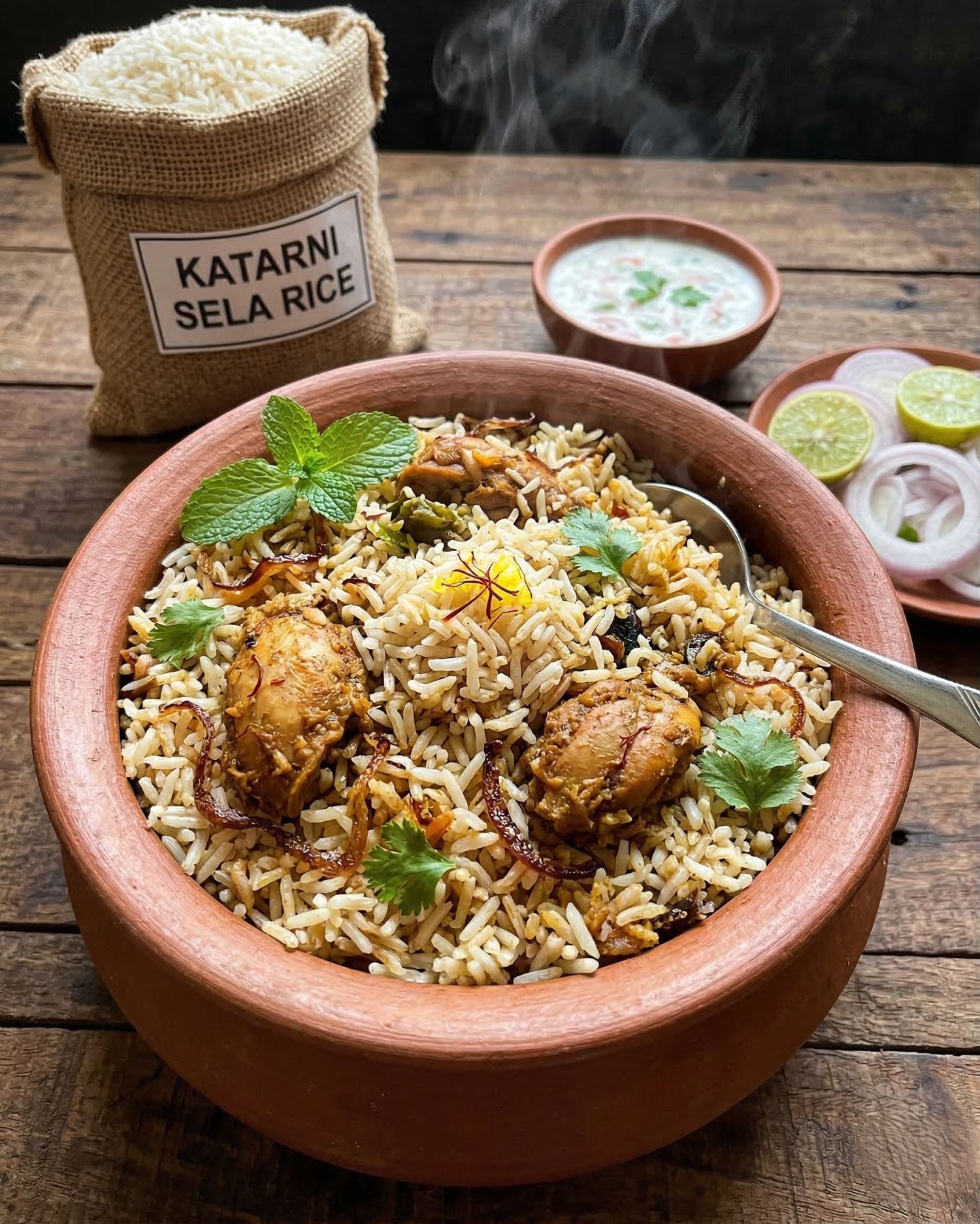 Aromatic Katarni sela biryani served in a clay handi with fried onions on top