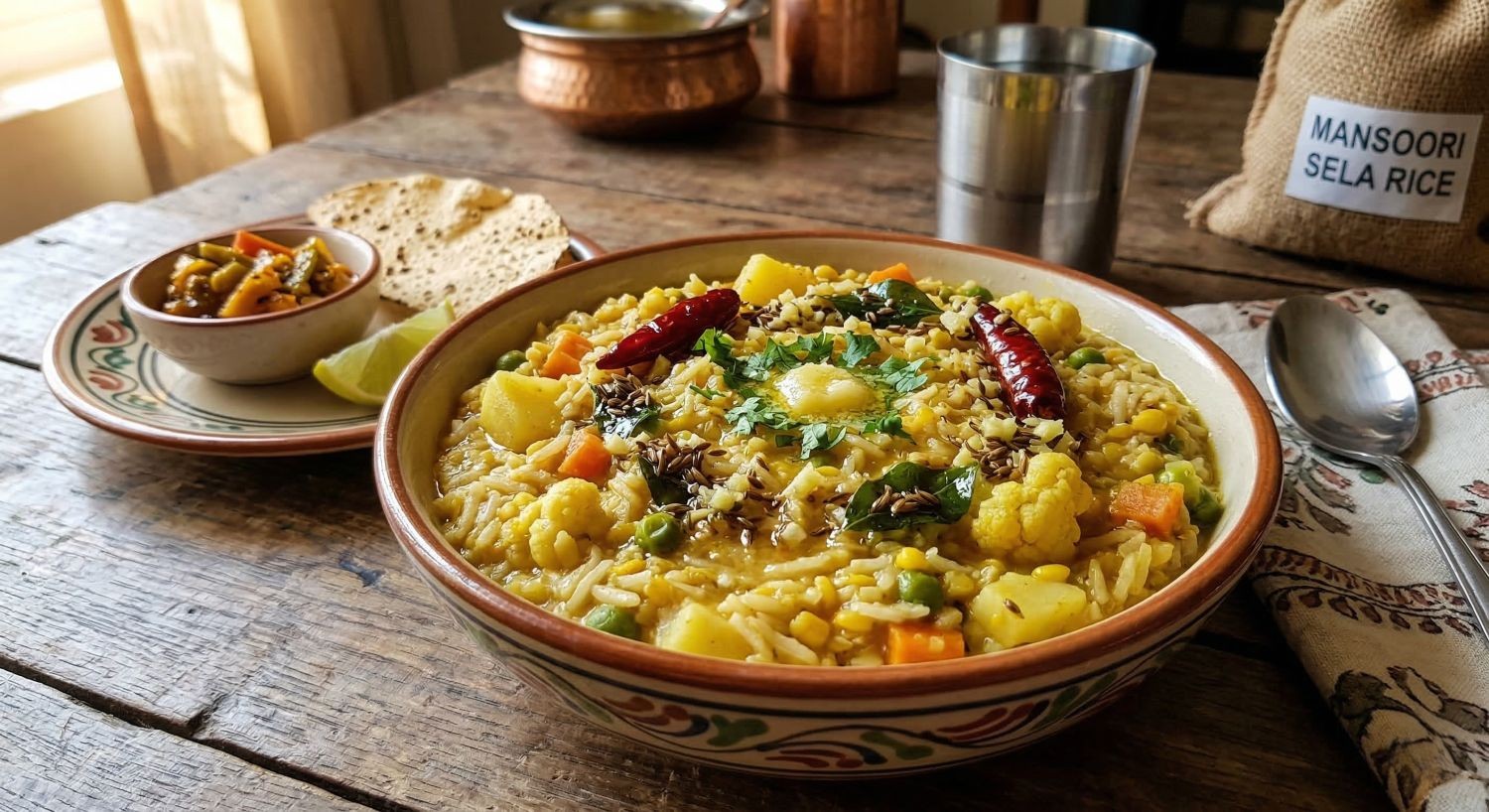 Mansoori sela rice khichdi in a brass pot with ghee drizzle