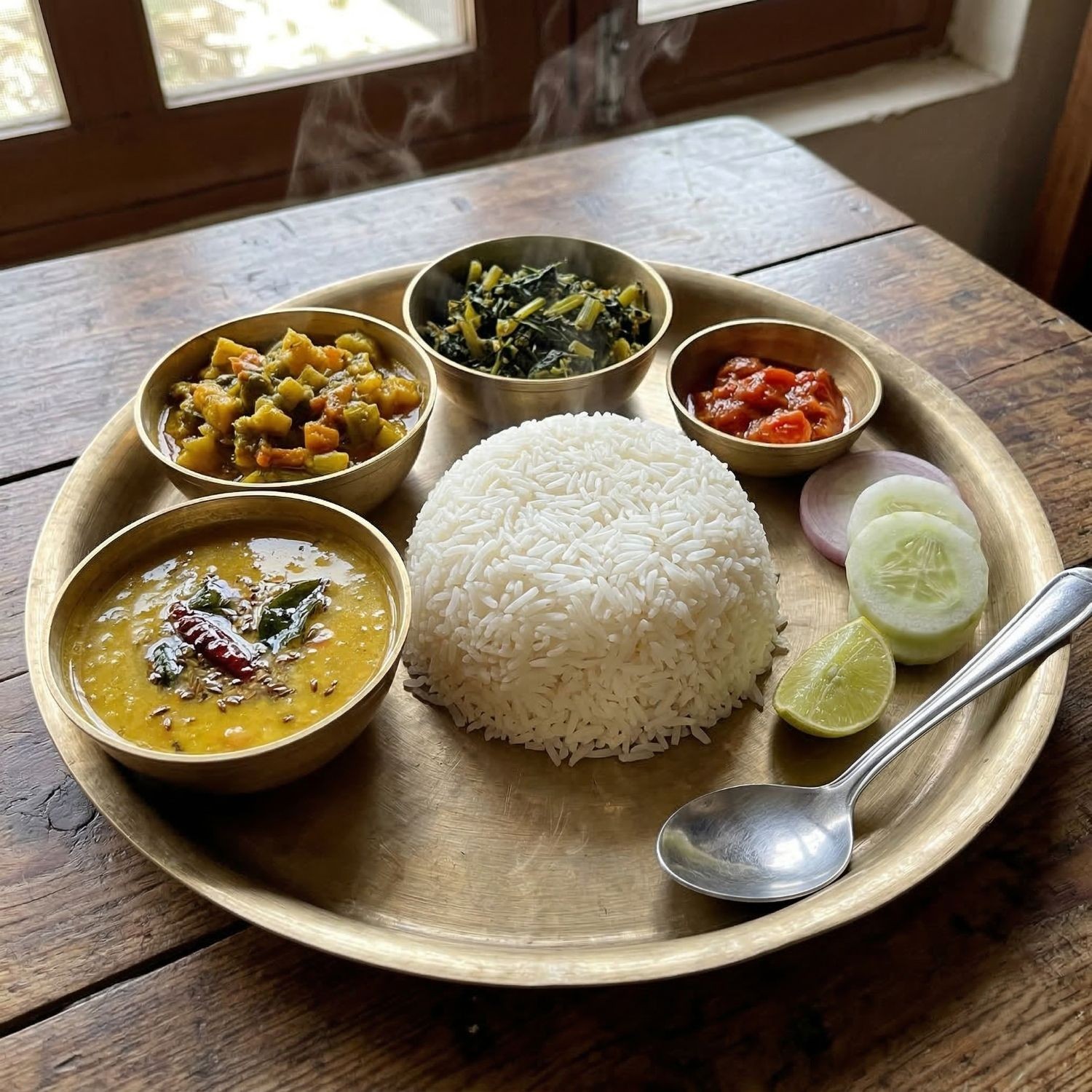 Sonam steam rice served alongside smoky dal tadka in an Indian thali